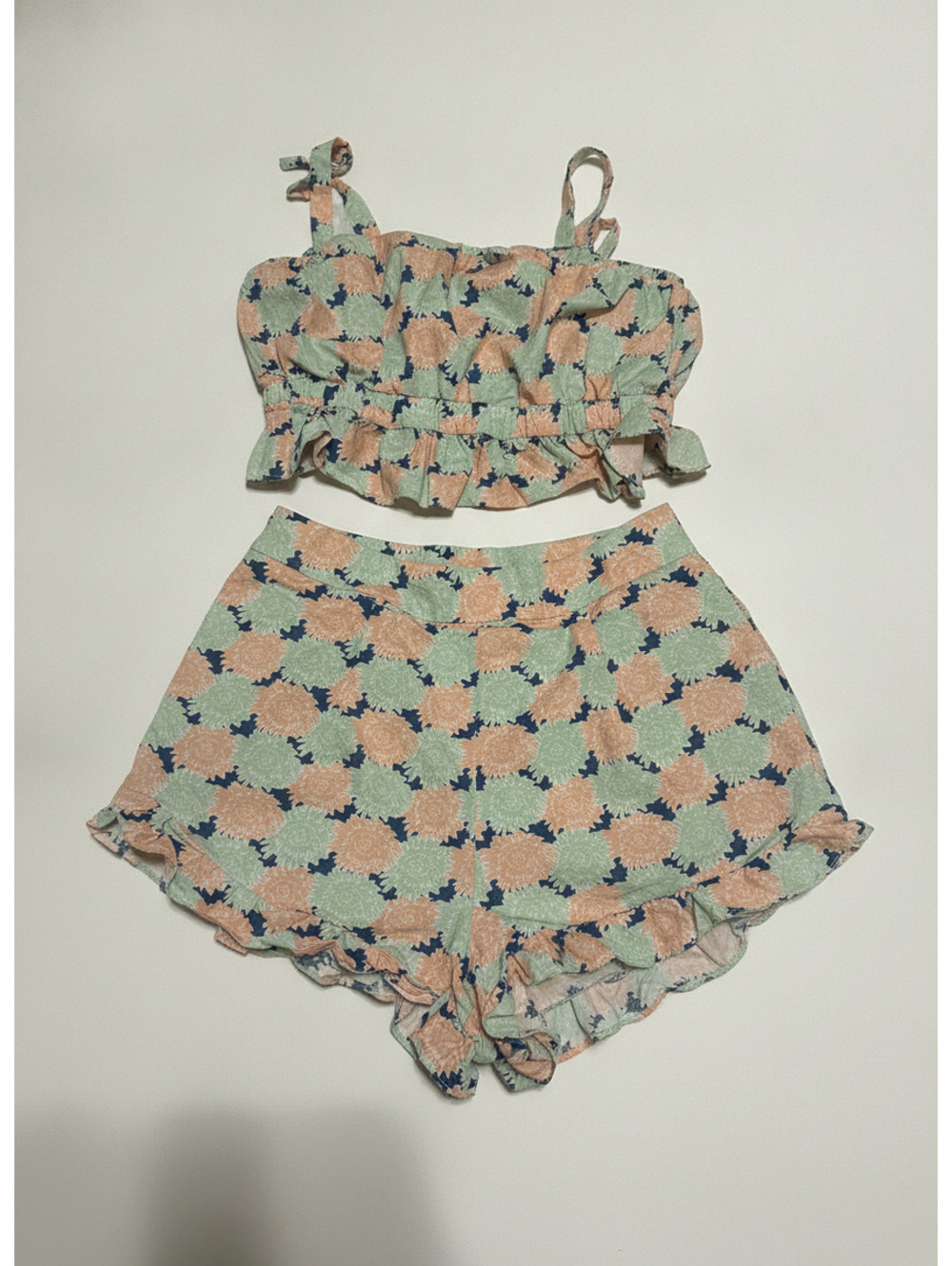 K9 Floral Two Piece Set High Waisted Shorts & Ruffle Crop Top Retro Cottagecore